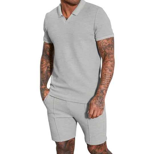 Herren nan kurzärmeliges Halbkragen-Strickset mit feiner Waffelstruktur und gerade geschnittenen Shorts R&B