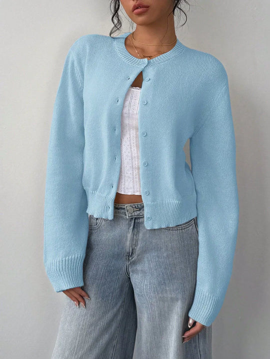 R&B | Strickjacke Pullover Weiche Strickware Cropped Fit Knopf Front Rippensaum