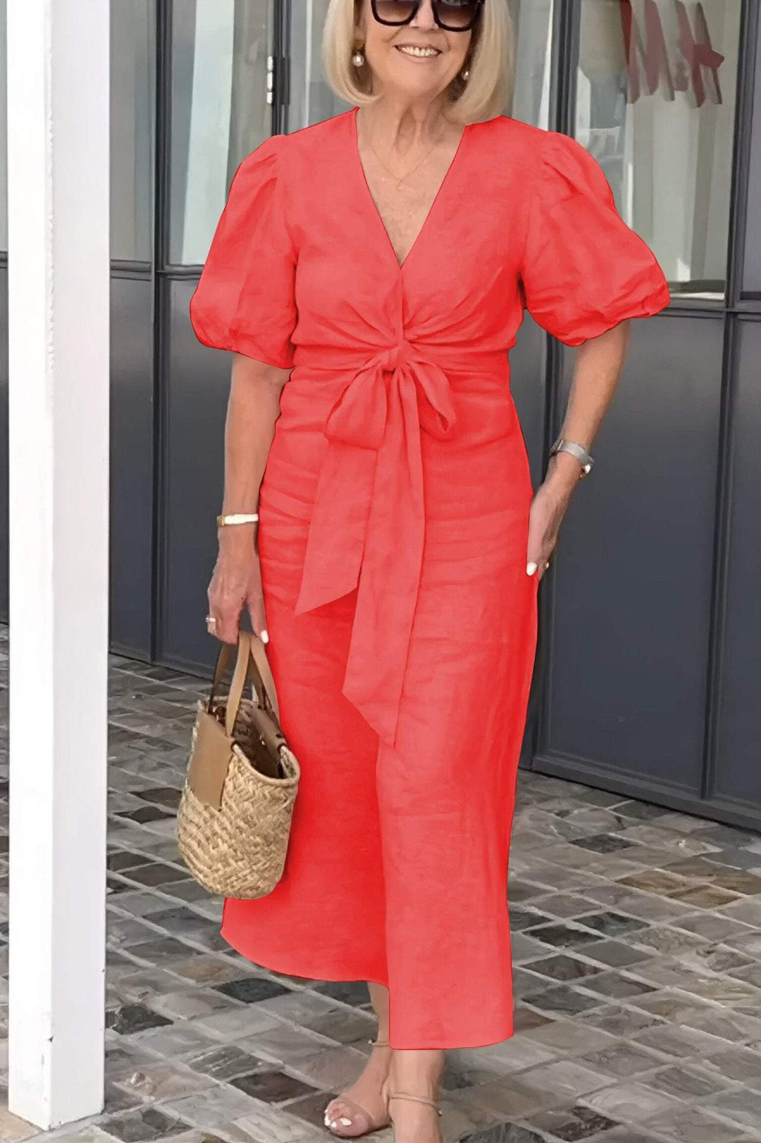 Damen Maxikleid mit eleganten Puffärmeln und Taillenknoten R&B