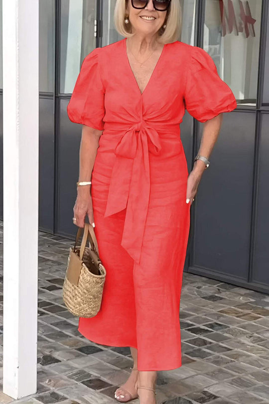 Damen Maxikleid mit eleganten Puffärmeln und Taillenknoten R&B
