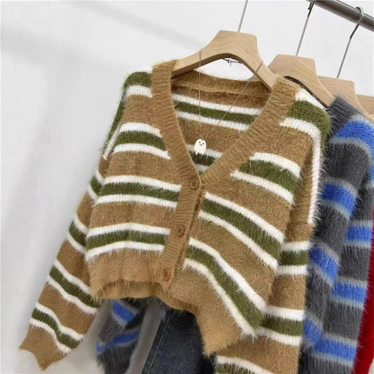 Damen lässiger Crop-Cardigan mit strukturiertem Streifenmuster und Knopfdetails R&B