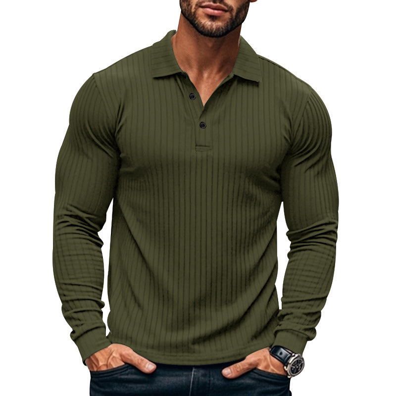 Herren nan eng anliegendes geripptes Langarm-Poloshirt mit Kentkragen und kurzer Knopfleiste R&B