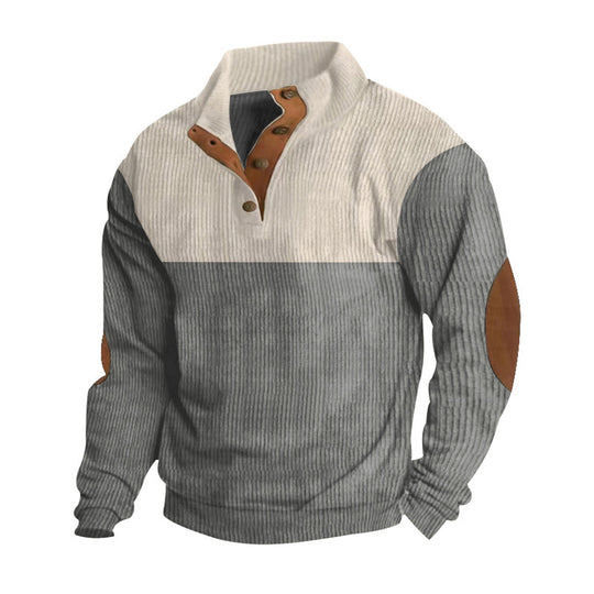 Herren nan Rippenstrickpullover mit Stehkragen Knopfleiste und Leder-Ellbogenpatches R&B