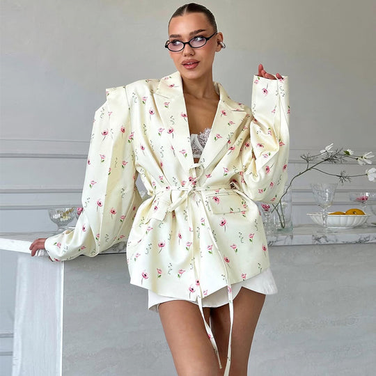 Damen Elegante Blazerjacke mit floralem Design und Taillengürtel R&B
