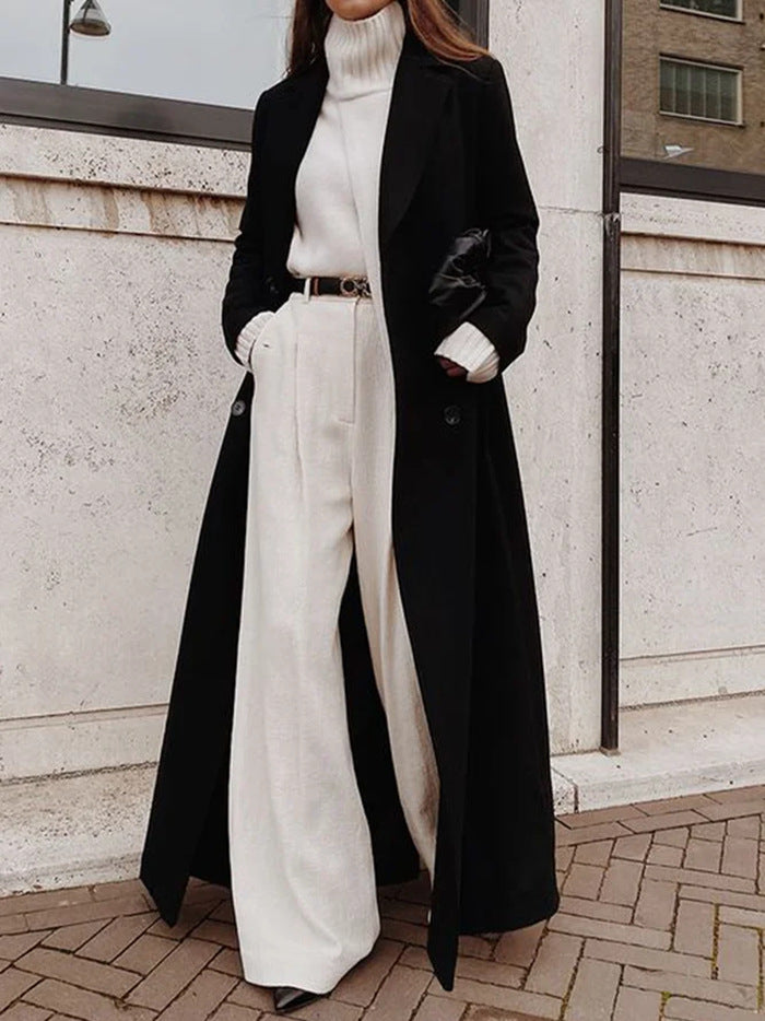 Damen Eleganter Wollmantel mit doppelter Knopfleiste und tiefen Taschen R&B