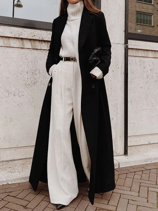Damen Eleganter Wollmantel mit doppelter Knopfleiste und tiefen Taschen R&B