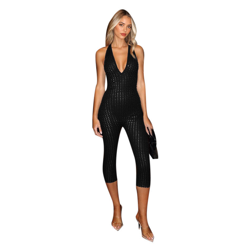 Damen figurbetonter Jumpsuit mit tiefem V-Ausschnitt und netzartigem Design R&B