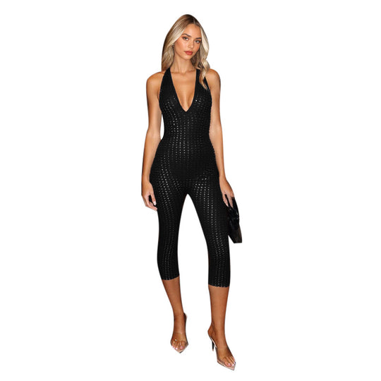Damen figurbetonter Jumpsuit mit tiefem V-Ausschnitt und netzartigem Design R&B