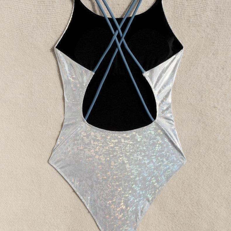 Damen Einteiler Badeanzug mit schimmerndem Netzdesign R&B