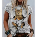 Damen T-Shirt mit 3D-Katzenmotiv und kreativem Rissdesign R&B