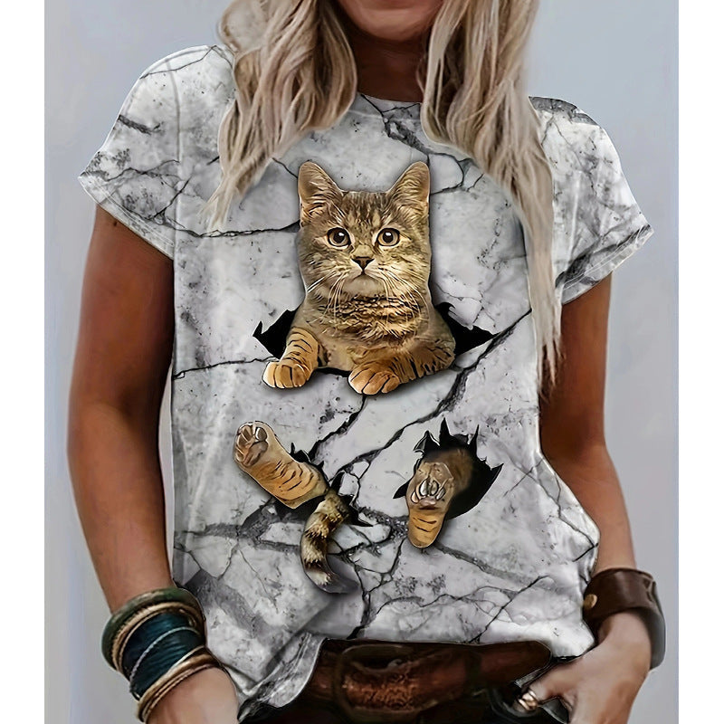 Damen T-Shirt mit 3D-Katzenmotiv und kreativem Rissdesign R&B
