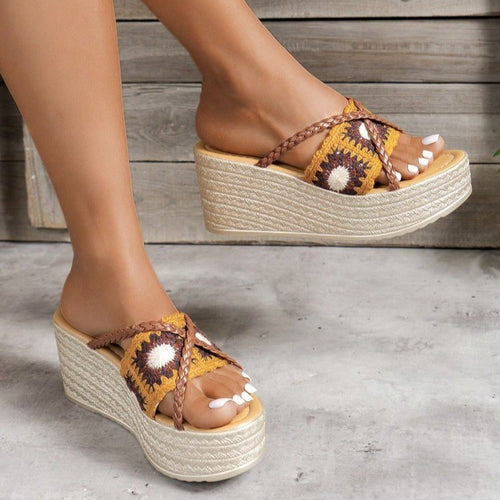 Damen Trendige Keil-Sandalen mit geflochtenem Riemen und komfortablem Fußbett R&B