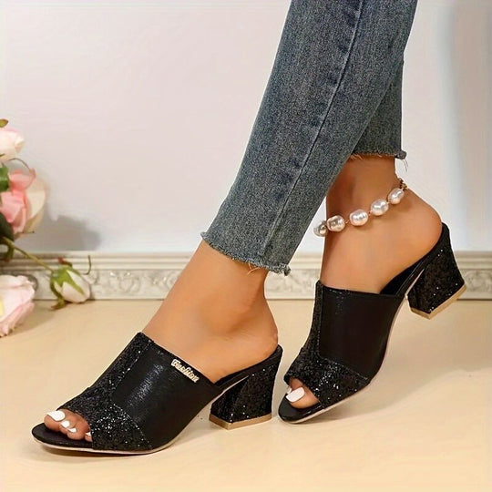 Damen nan elegante offene Pantolette mit feinem Netz, funkelnden Applikationen und mittelhohem Blockabsatz R&B