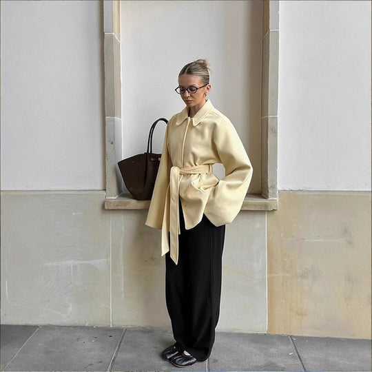 Damen Oversized jacke mit breitem Revers und Taillengürtel R&B