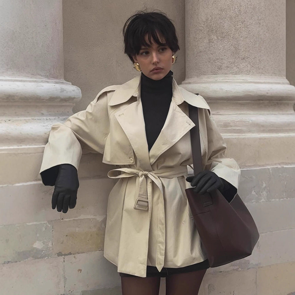 Damen Modische Kurztrenchjacke mit Taillenknoten und großzügigen Taschen R&B