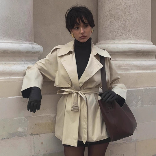 Damen Modische Kurztrenchjacke mit Taillenknoten und großzügigen Taschen R&B