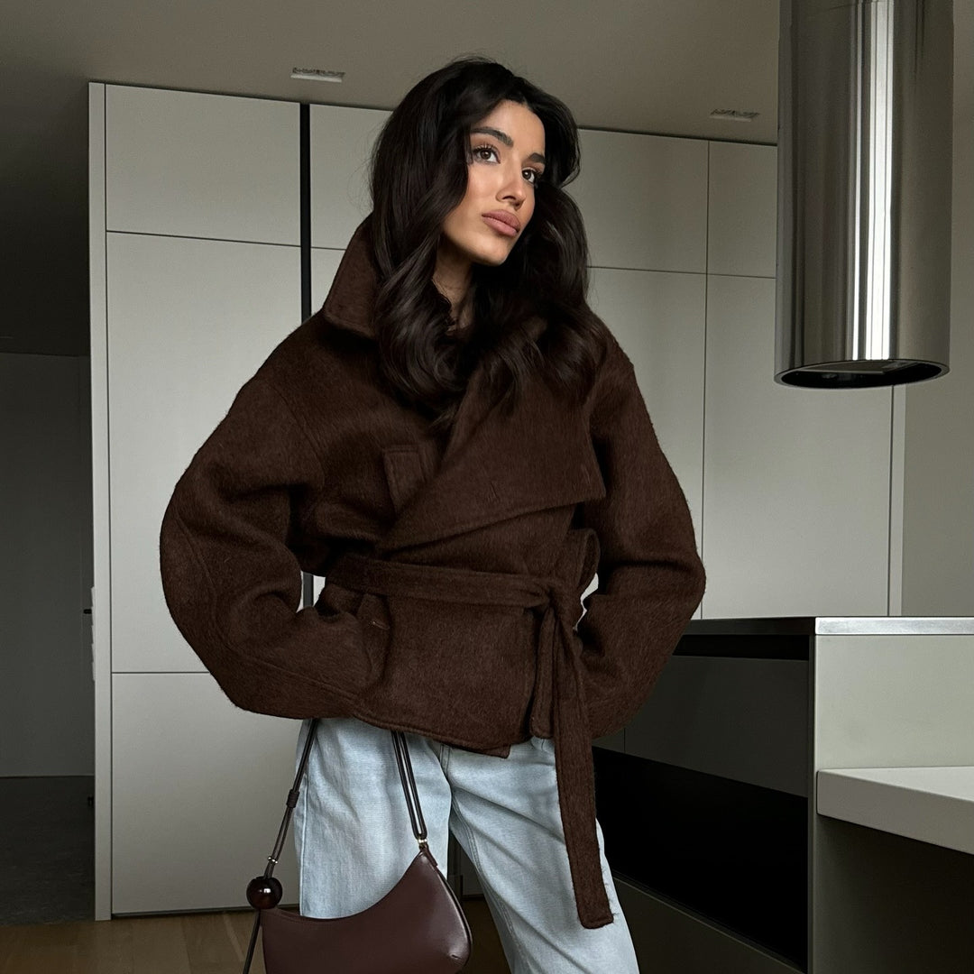 Damen Oversized Wolljacke mit Bindegürtel und lässigem Schnitt R&B