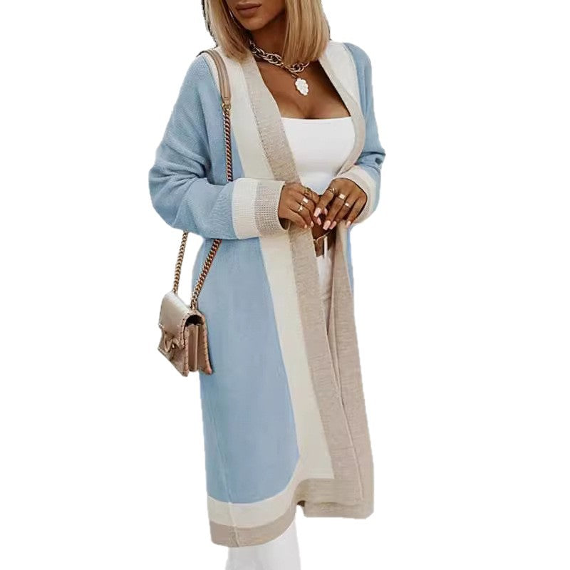 Damen lange Strickjacke mit Farbblockdesign und offenen Front R&B