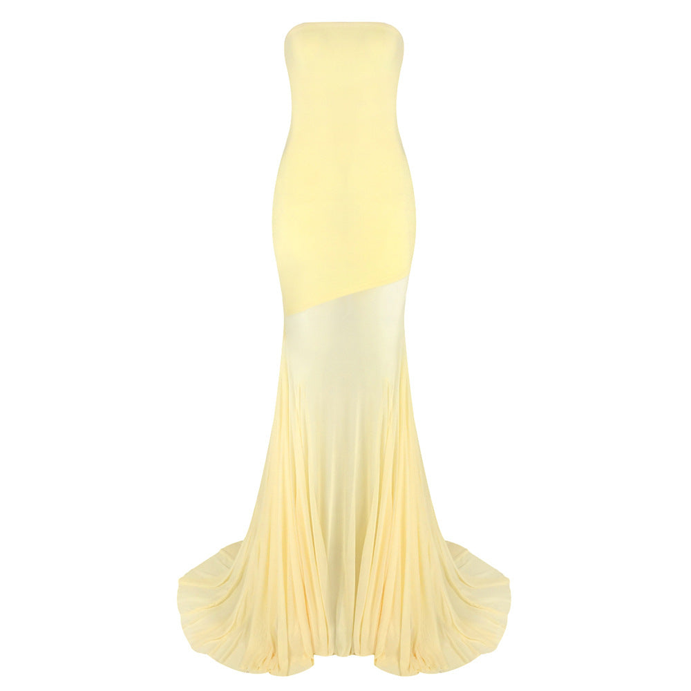 Damen Elegantes schulterfreies Maxikleid mit schimmerndem Stoff und voluminösem Rock R&B