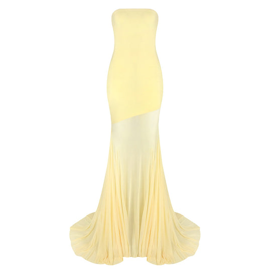 Damen Elegantes schulterfreies Maxikleid mit schimmerndem Stoff und voluminösem Rock R&B