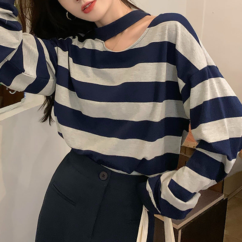 Damen Langarmshirt mit modernen Streifen und schickem Ausschnitt