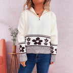 Damen Grobstrickpullover mit floralen Mustern und praktischen Halbarm R&B