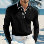 Herren nan schmal geschnittenes Rippstrick-Poloshirt mit Langarm, Kontrastpaspel und feiner Struktur R&B