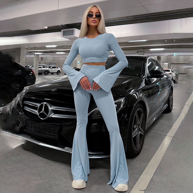 Damen lange Ärmel Crop-Top mit weit ausgestellten Hosen EB