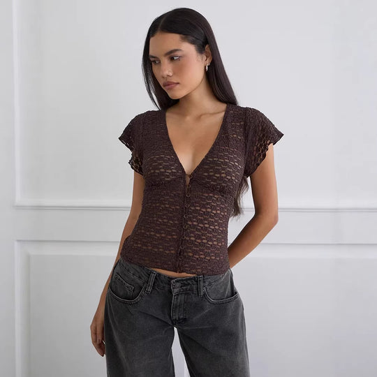 Damen Verspieltes Spitzenoberteil mit fließendem Design und kurzen Puffärmeln R&B
