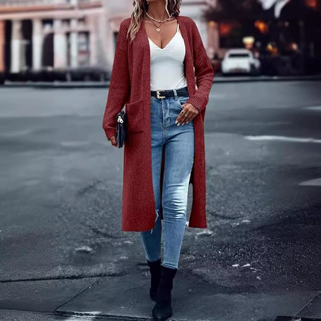 Damen Langer Strickcardigan mit tiefen Taschen und offenem Schnitt R&B