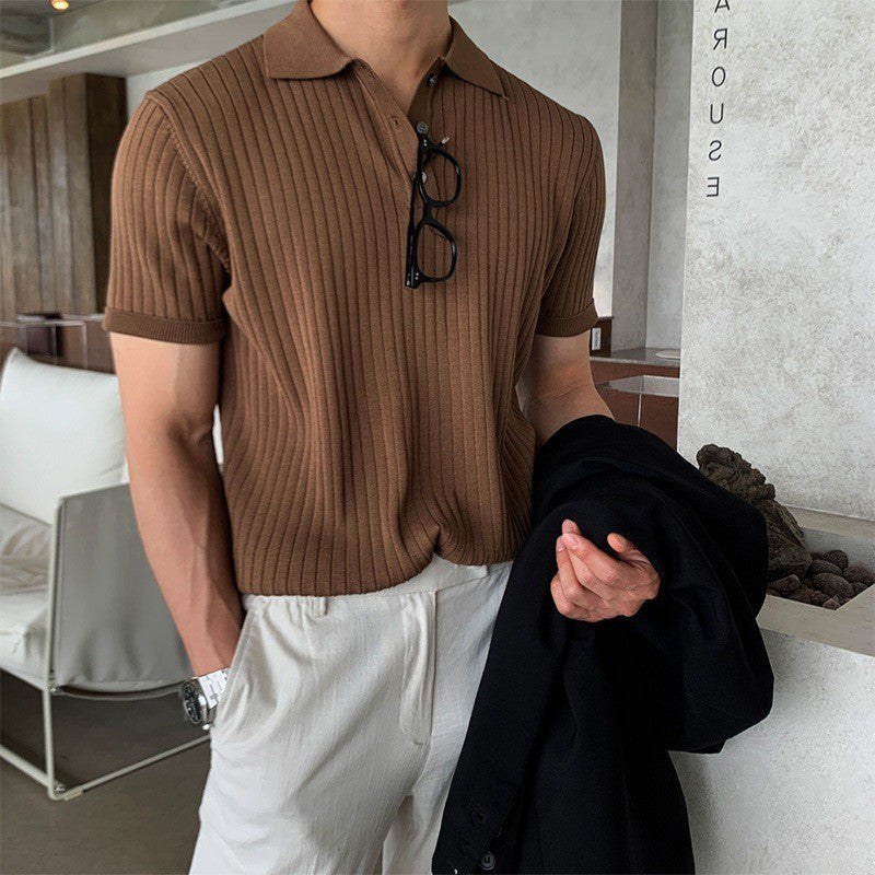 Herren nan schmal geschnittenes geripptes Poloshirt aus Feinstrick mit Kurzarm und Polokragen R&B