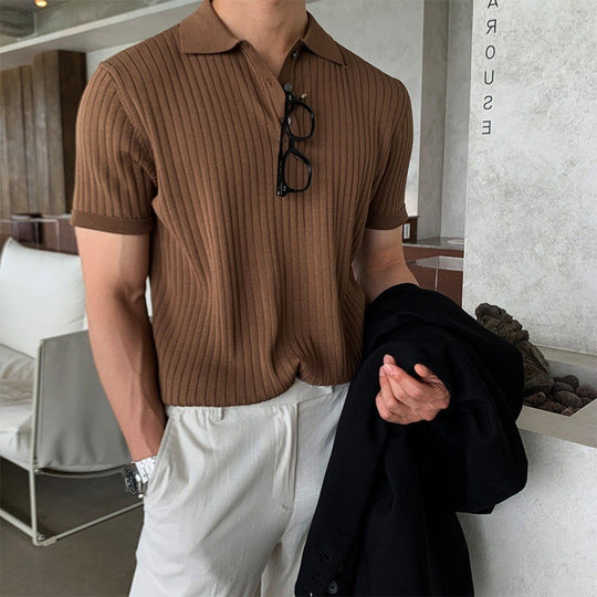 Herren nan schmal geschnittenes geripptes Poloshirt aus Feinstrick mit Kurzarm und Polokragen R&B
