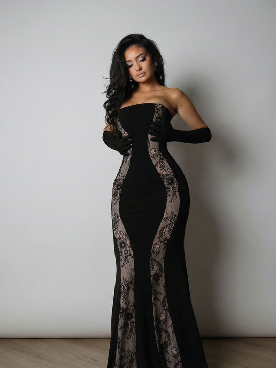 Damen Abendkleid mit luxuriösem Schnitt und edlen Spitzen-Elementen R&B