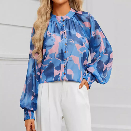 Damen Bluse mit kunstvollem Druck und geschöpften Ärmeln R&B