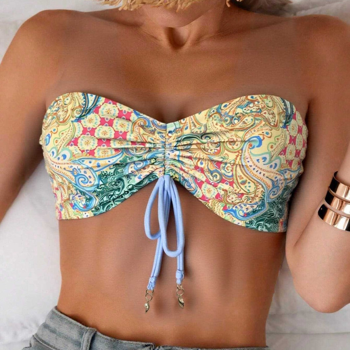 Damen Bandeau-Bikini-Oberteil mit verspieltem Muster R&B