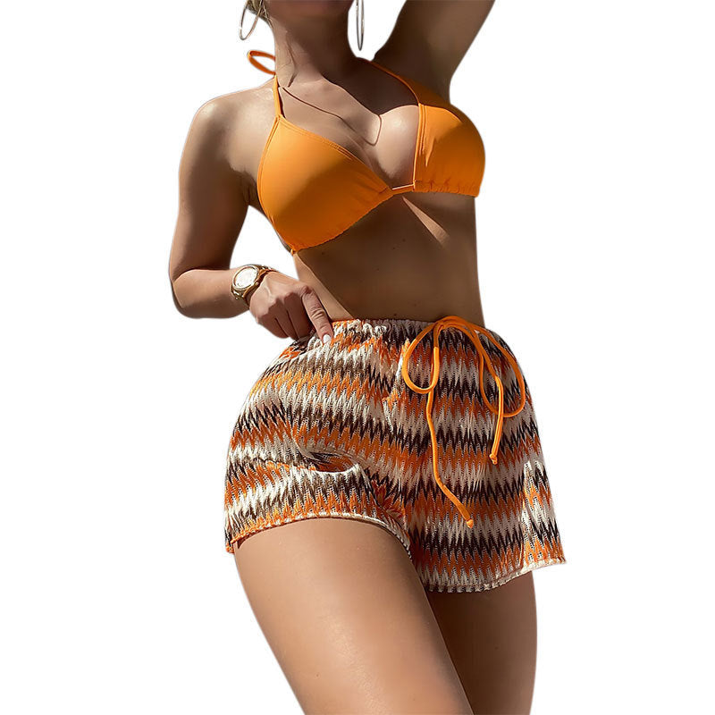Damen Triangel-Bikini mit hoch taillierter Surfshorts und verstellbarem Halter R&B