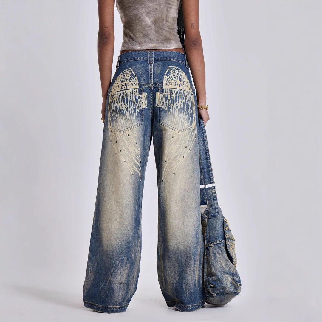 Damen weite Jeans mit kunstvollem Flügel-Design und einzigartigen Details R&B