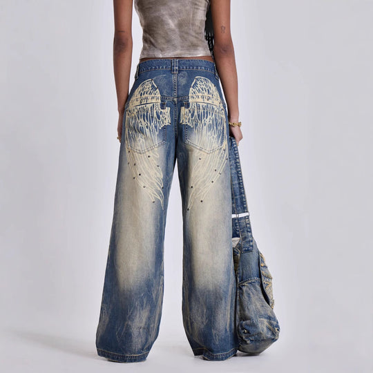 Damen weite Jeans mit kunstvollem Flügel-Design und einzigartigen Details R&B
