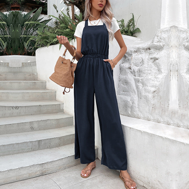Damen lässiger Jumpsuit mit weitem Bein und elastischem Bund