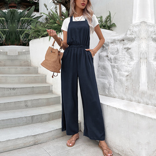 Damen lässiger Jumpsuit mit weitem Bein und elastischem Bund R&B