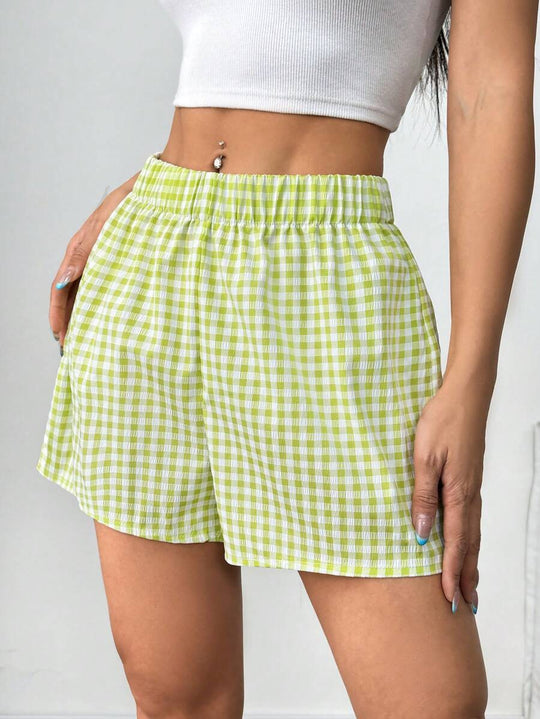 Damen luftige Karoshorts mit elastischem Bund und seitlichen Taschen R&B