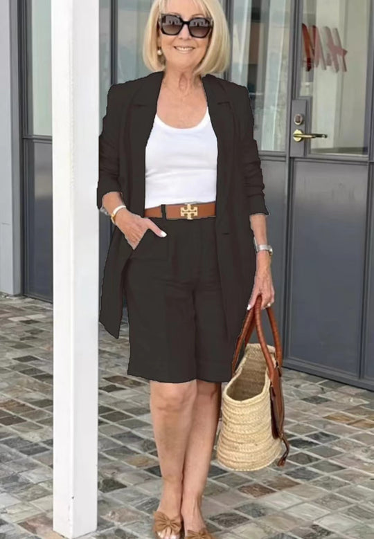 Damen Modisches Blazer-Shorts-Set mit doppelter Knopfleiste und eleganter Passform R&B