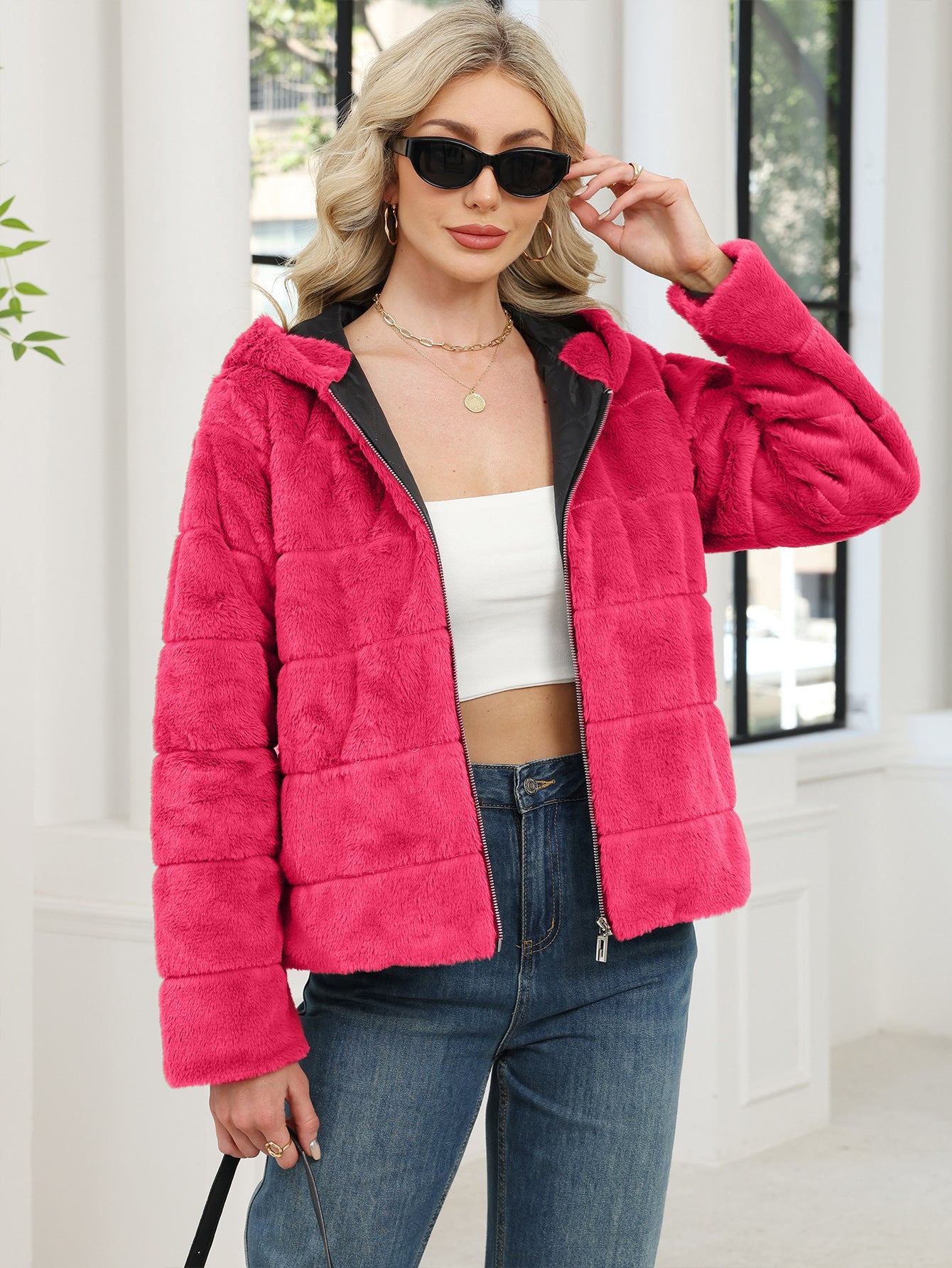 Damen Kuschelige Oversized-Fleecejacke mit Reißverschluss und Kapuze R&B