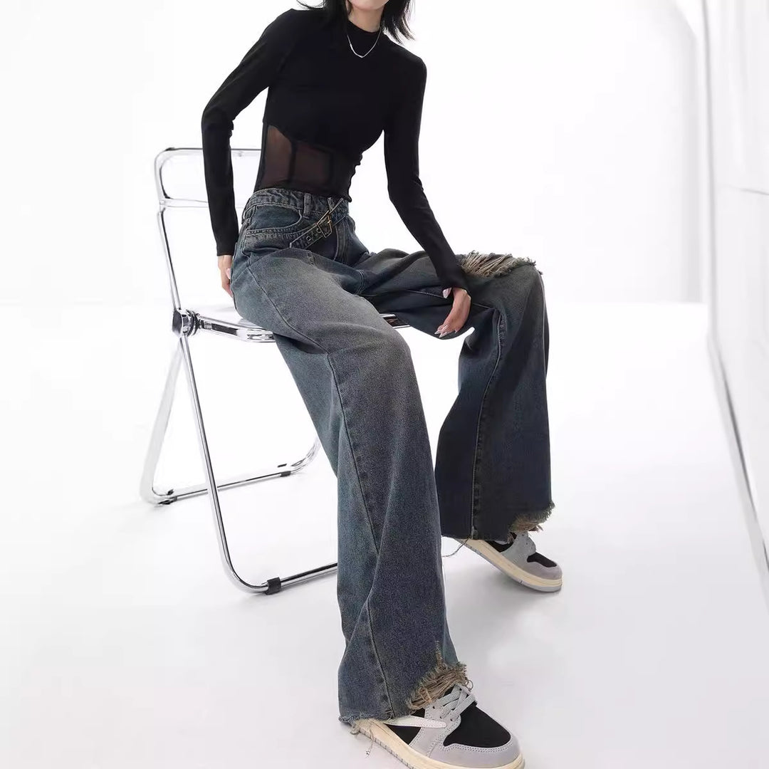 Damen Weite High-Waist Jeans im lässigen Used-Look mit modischen Rissen R&B