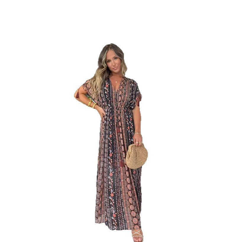 Damen elegantes Maxikleid mit modischem Print und V-Ausschnitt R&B