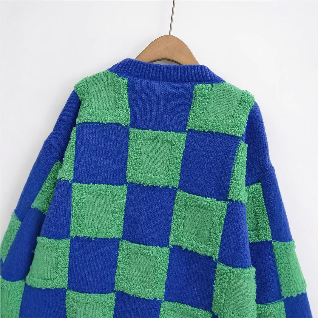 Damen modischer Strickpullover mit grafischem Blockmuster R&B