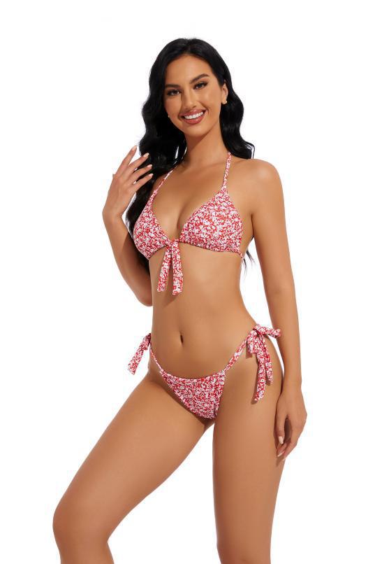Damen Triangel-Bikini mit verspieltem Bindeband und floralem Design R&B