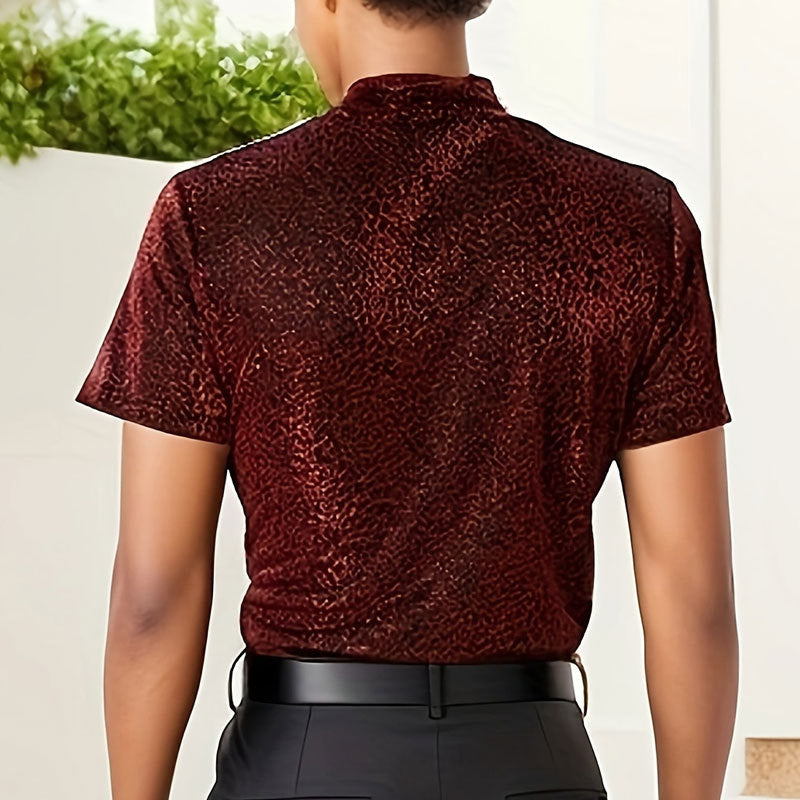 Damen nan schimmerndes Kurzarmshirt mit hohem Rundhalsausschnitt und strukturierter Animal-Print-Optik R&B