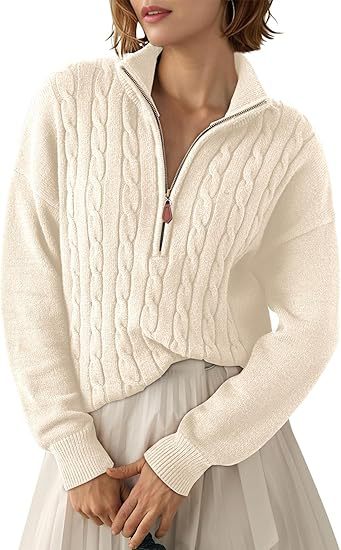 Damen Grobstrick Pullover mit Stehkragen und halbem Reißverschluss R&B