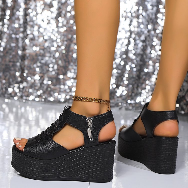 Damen Plateau-Sandalen mit modischer Schnürung und luftiger Obermaterialstruktur R&B